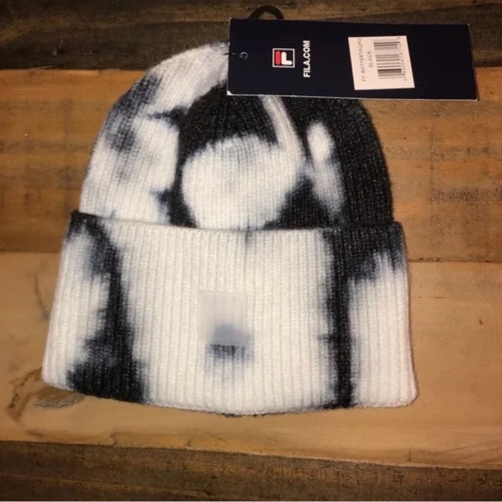 Fila Unisex Black Tie-Dye Shoreman Ribbed Knit Fold-over Beanie Hat NWT